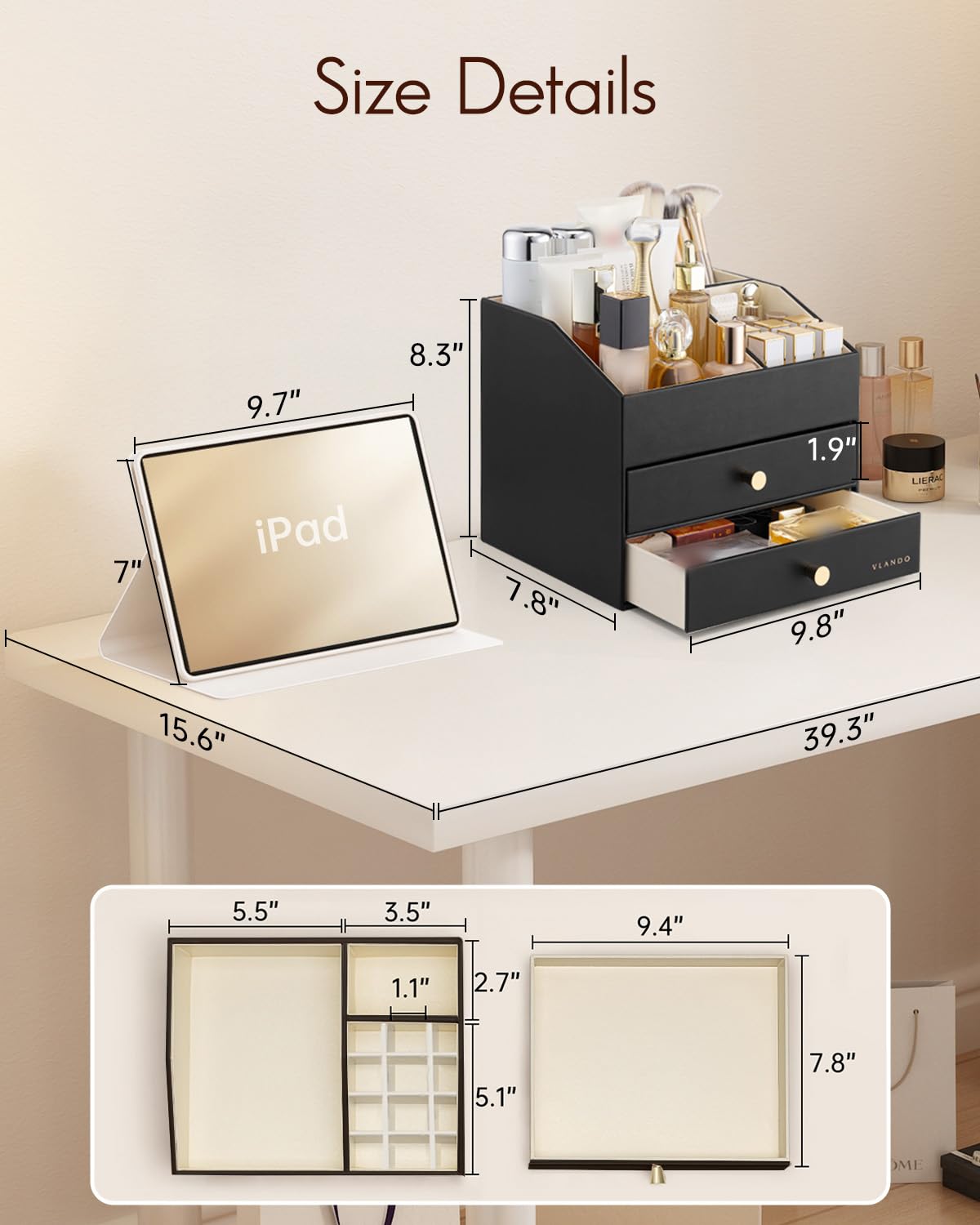 VLANDO Make-up-Organizer für Schminktisch, große Kapazität, Arbeitsplatten-Organizer mit Schubladen, PU-Leder, Kosmetik-Vitrine für Lippenstift, Pinsel, Hautpflege, Schlafzimmeraufbewahrung (schwarz)