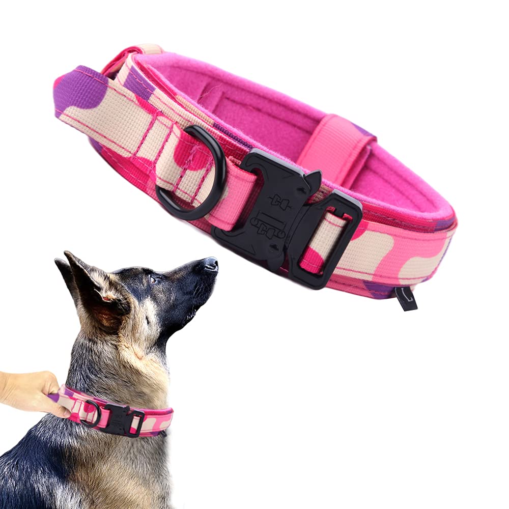 Tactical Military Dog Collar - Adjustable Nylon, Heavy Duty Metal Buckle With Handle for Training (Pink Camo, M)