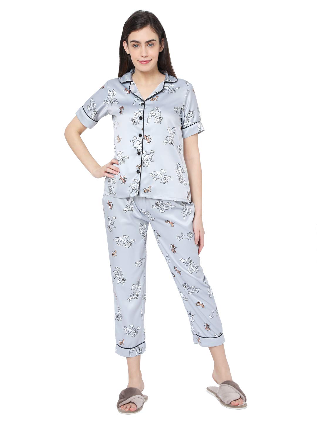 Smarty Pants Women's Silk Satin Pastel Grey Color Tom & Jerry Print Night Suit