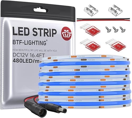 BTF-LIGHTING FCOB - Tira LED COB de color azul, 480 LEDsm, 16.4 pies, DC12V, flexible, de alta densidad, luz uniforme de 0.315 in de ancho,