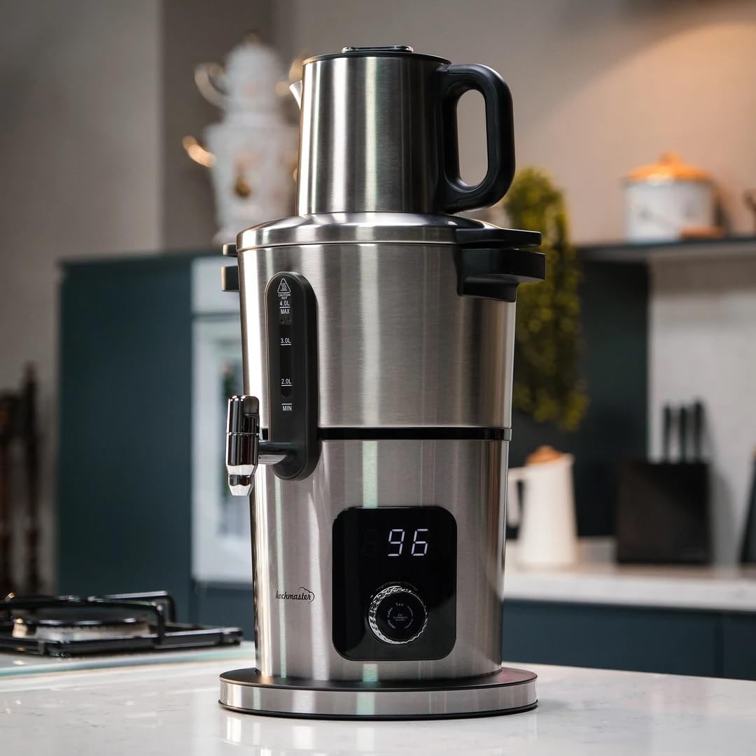 Aura Samowar 4.0L + 1.0L, Edelstahl, 2000W, mit Temperaturregelung & Warmhaltefunktion, Elektrischer Teekocher