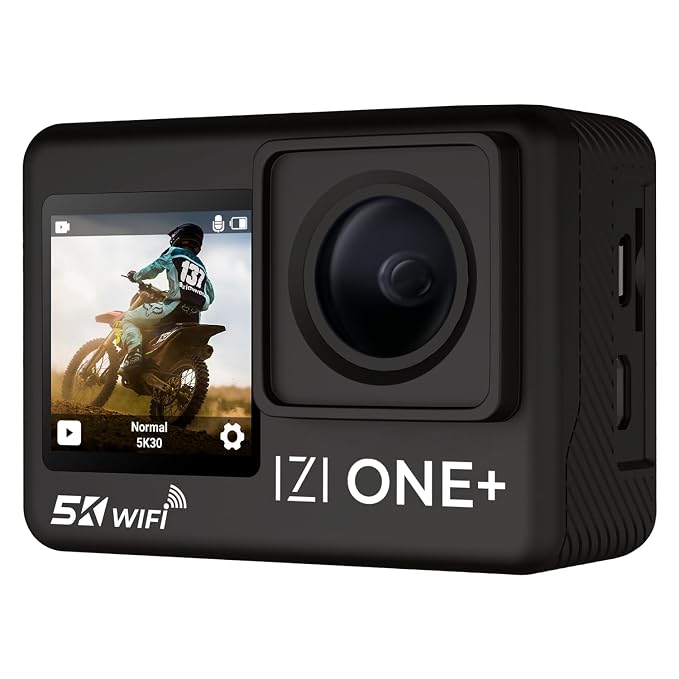 IZI ONE Plus 5K 48MP Action Camera | 6-Axis Gyro Stabilization | 110ft Waterproof | Vlogging | 170° FOV | WiFi | Dual Screen Video Camera | 2X 1350mAh Batteries | Fast C-Type Charge HQ External Mic