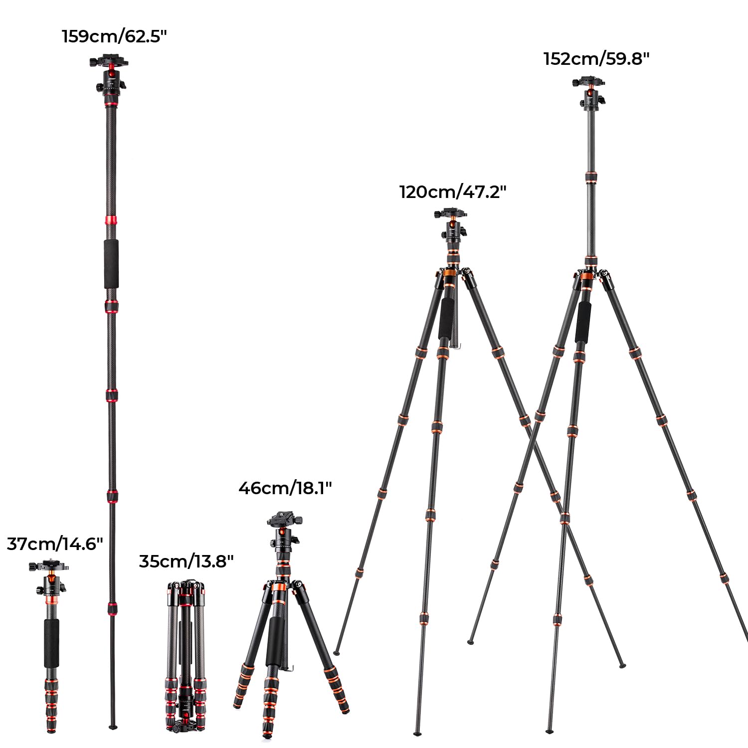 K&F Concept Statyw węglowy 152 cm, lekki tripod, elastyczny statyw do aparatu z głowicą kulową 360°, gwint 1/4", torba do przenoszenia aparatu DSLR C225C0+BH-25(BA225)