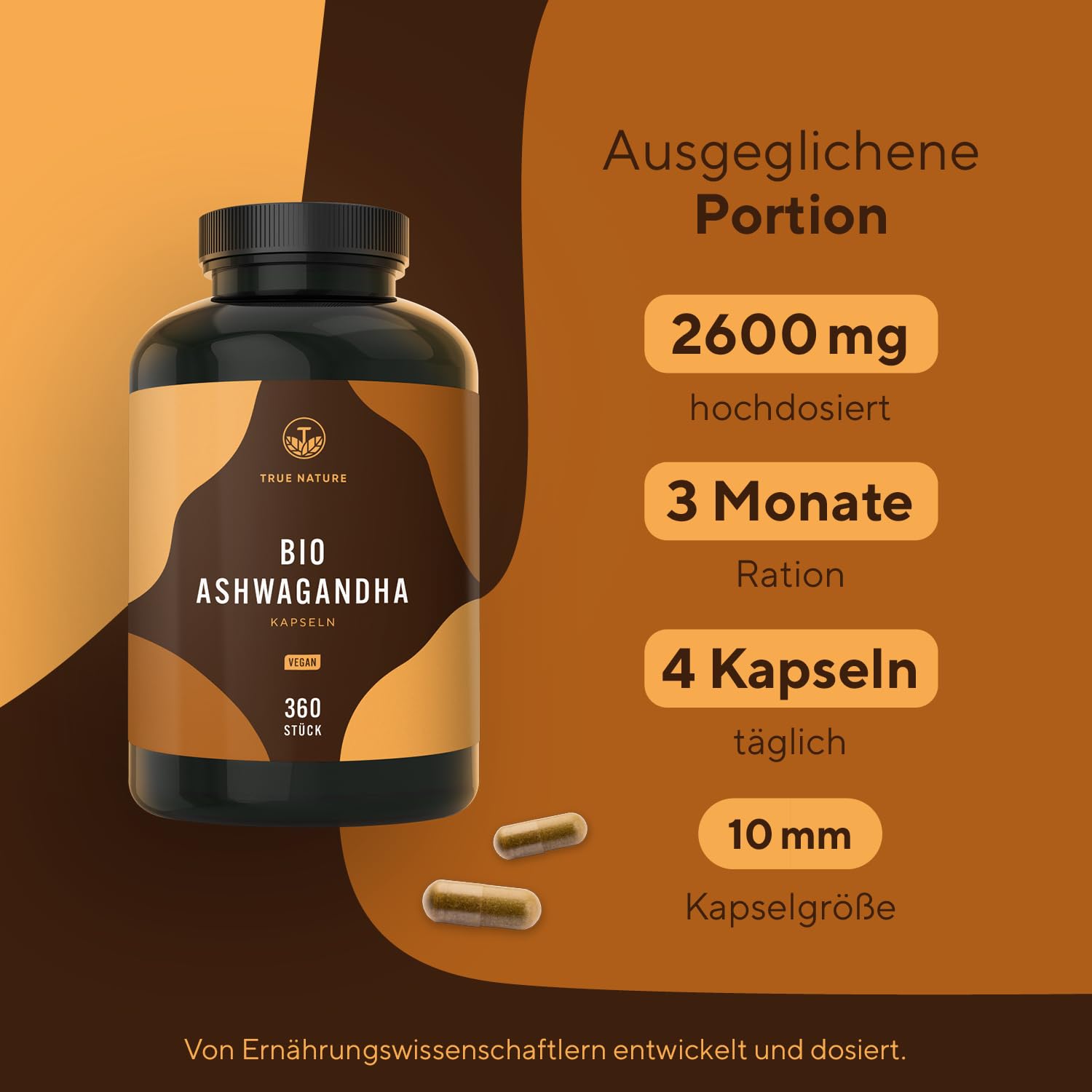 Ashwagandha Bio - 360 Kapseln - Bio Ashwagandha Kapseln hochdosiert - 2600mg - reines Wurzelpulver mit naturbelassenem vollem Nährstoffprofil (nicht extrahiert) - Indische Schlafbeere - TRUE NATURE