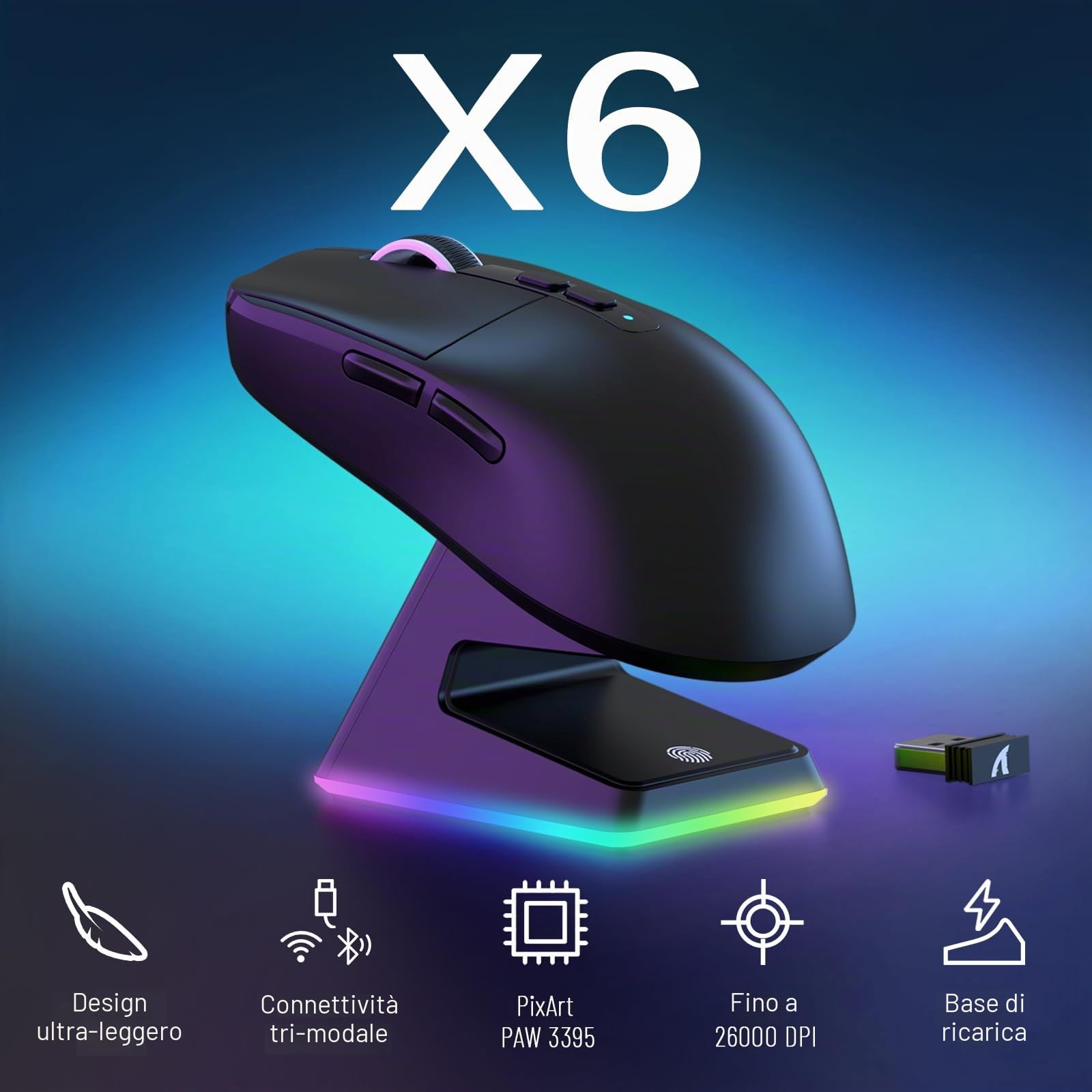 VGN GAMEPOWER ATTACK SHARK X6 SUPERLIGHT Mouse Gaming Wireless con Station di Carica, 49g Ultraleggero eSport Mouse da Gioco G502, 26000DPI, Sensore PixArt PAW3395, 2.4G/Bluetooth/Cablato, Nero