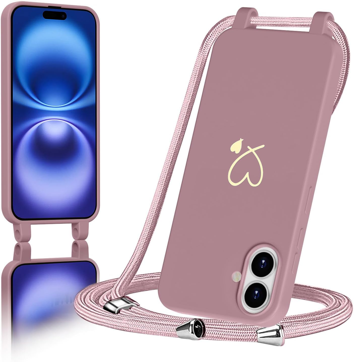 AoozeFon Handyband für iPhone 16 Hülle mit Band,Handyhülle Silikon mit Goldenem Herzmuster für iPhone 16,Abnehmbare Stoßdämpfend Handytasche mit Nylon-Lanyard，Rosa