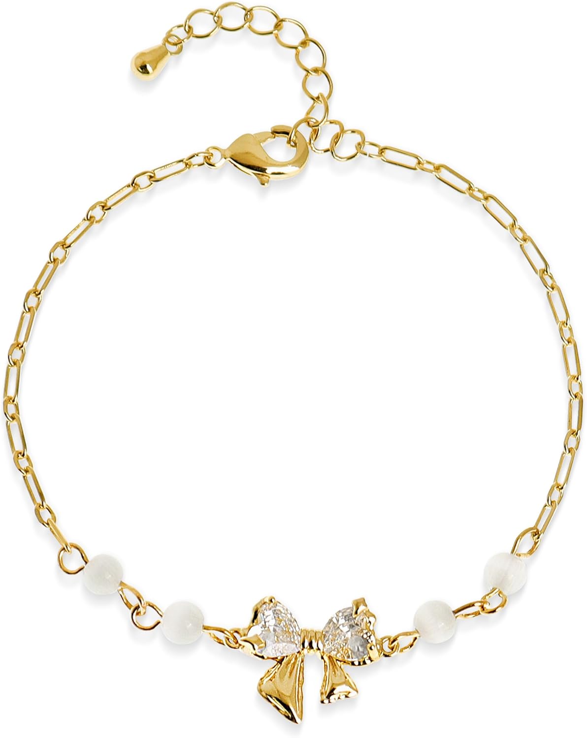 Gold Bow Rhinestone Bracelet for Women, Dainty Boho Statement Adjustable Handmade Crystal Bead CZ Link Chain Stackable Bracelet Party Jewelry Gifts