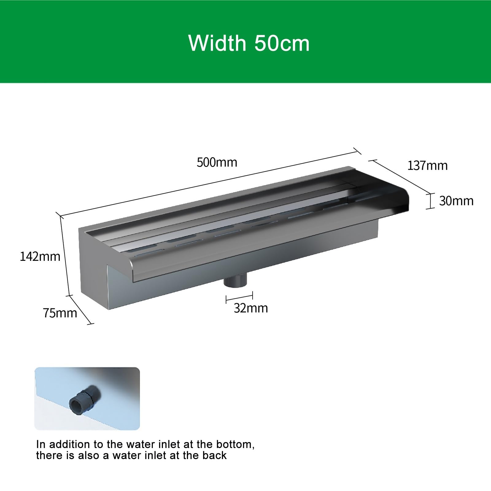Fontana a cascata in acciaio inossidabile, 80 cm, discesa pura Spillway, caratteristica giardino esterno con piattaforma di flusso ampia e connettore per tubi, materiale durevole 304