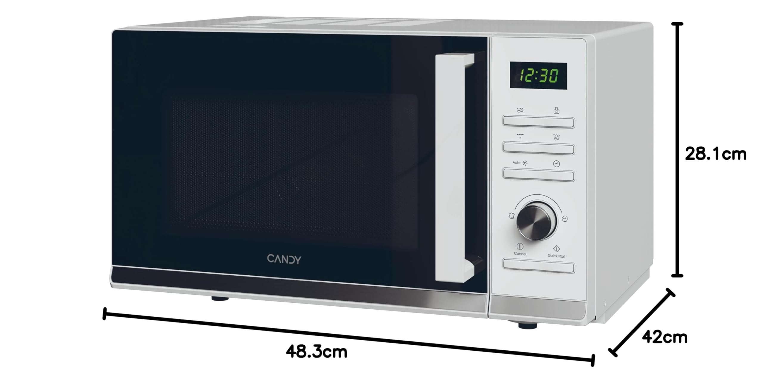 Candy CMGA25TNDW, forno a microonde con grill, 25 l, 900 W-1000 W, 11 livelli di potenza, telecomando girevole e pulsanti, 19 automobili, piatto 25,5 cm, display digitale, sbrinamento, apertura