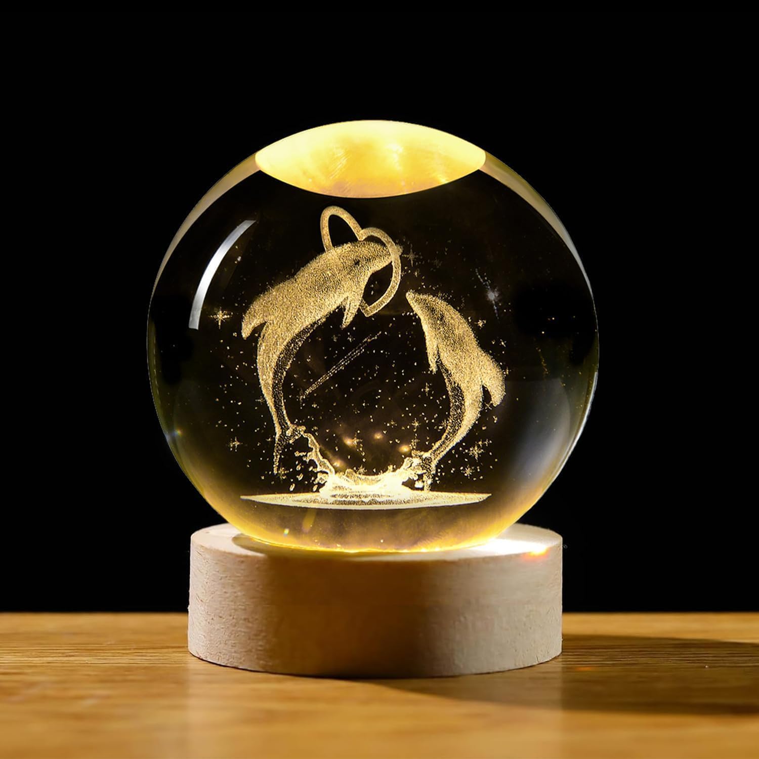 One94Store 3D Dolphin Crystal Ball Night Lamp with Wooden Base, USB Powered Engraved Glass Ball LED Table Light for Bedroom, Home Decor, Office Desk, Kids Room & Birthday Gift