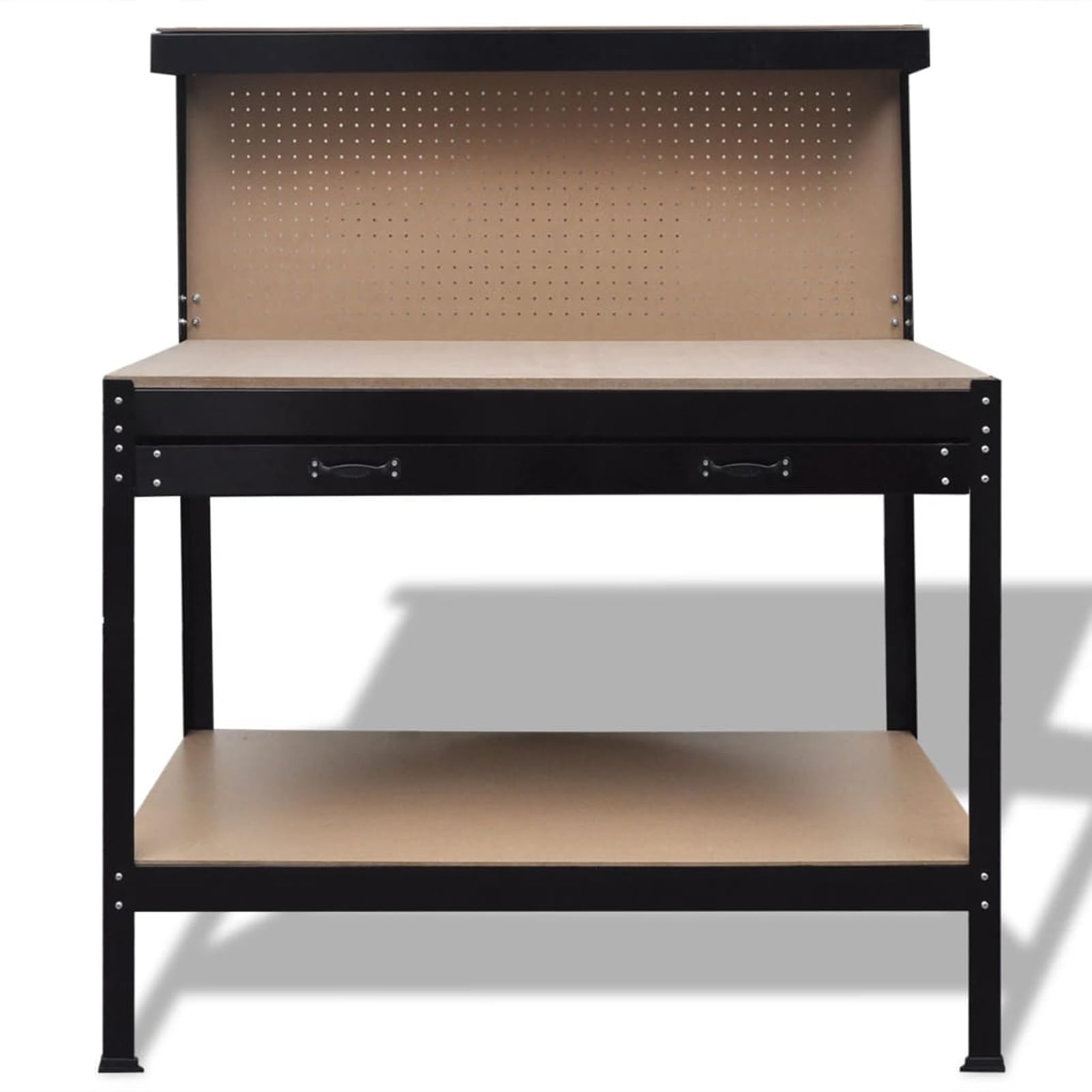 Homgoday Banco de trabajo con panel perforado y cajón, banco de trabajo para garaje o taller