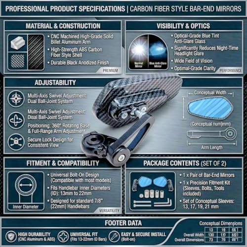 Image of Universal Motorcycle Bar End Rear View Mirror Set of 2, Blue Anti Glare Side Mirrors with Carbon Fiber Look Housing, Adjustable Foldable Bike Mirror for Motorcycle and Sports Bike