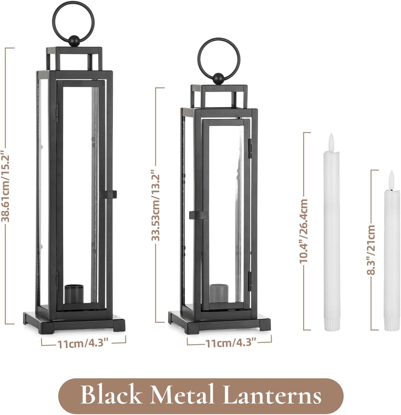 Black Lanterns Decorative Indoor Set of 2 : 13" & 15" Glass Outdoor Lantern Candle Holder with LED Taper for Patio Porch Fireplace Living Room Tall Modern Home Decor