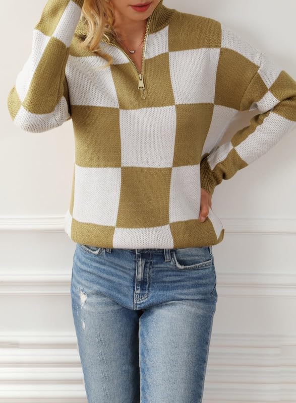 Dokotoo Striped Sweaters for Women Long Sleeve Waffle Knit Tops Fall Fashion 2024 Quarter Zip Pullover Warm Cozy Chunky Sweaters V Neck Oversized Sweater Fall Outfits Clothes Small Brown-White - Image 5