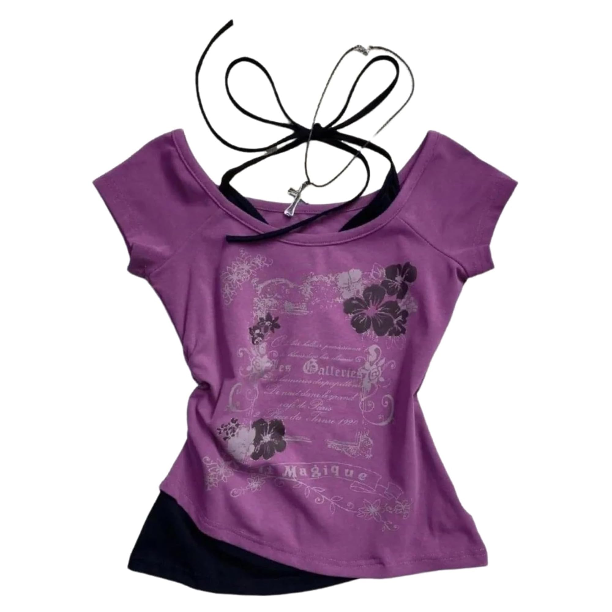 Thicc Women's Purple Emo Grunge T Shirts - Vintage Y2k Fake 2 Piece Graphic Halter Neck Baby Tee Gothic Aesthetic Short Sleeve Crop Top Alt Streetwear Cyber Punk Summer Harajuku (,M)