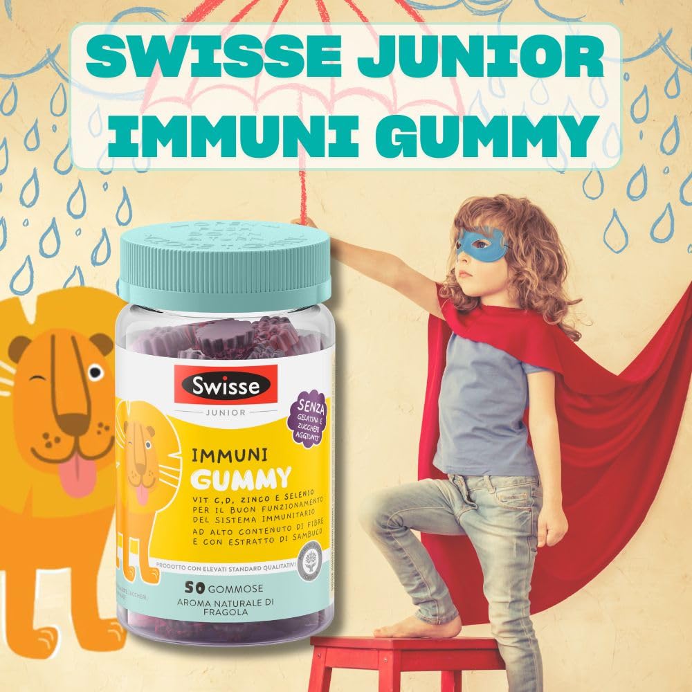 SWISSE Junior - Multivitaminico Completo Bambini con Vitamina D C B12 B6 e Minerali per Supporto al Sistema Immunitario, 50 Gommose ad Alto Contenuto di Fibre, Aroma Naturale di Fragola, Made in Italy