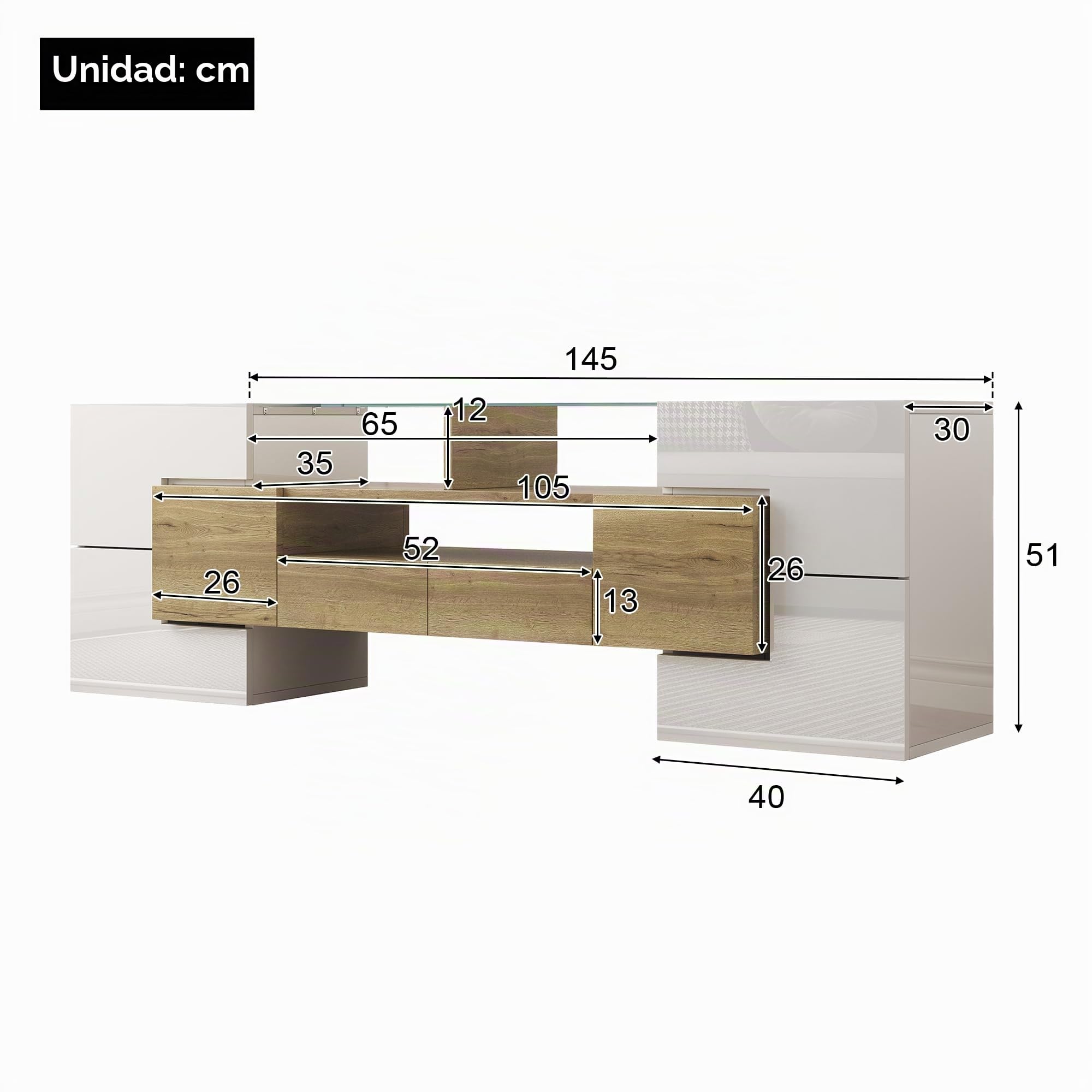 Elegante gabinete de TV, lowboard, color blanco brillante, 145 cm, iluminación LED, muebles de sala de estar. Diseño moderno. Elegante superficie de cristal (color madera + blanco)