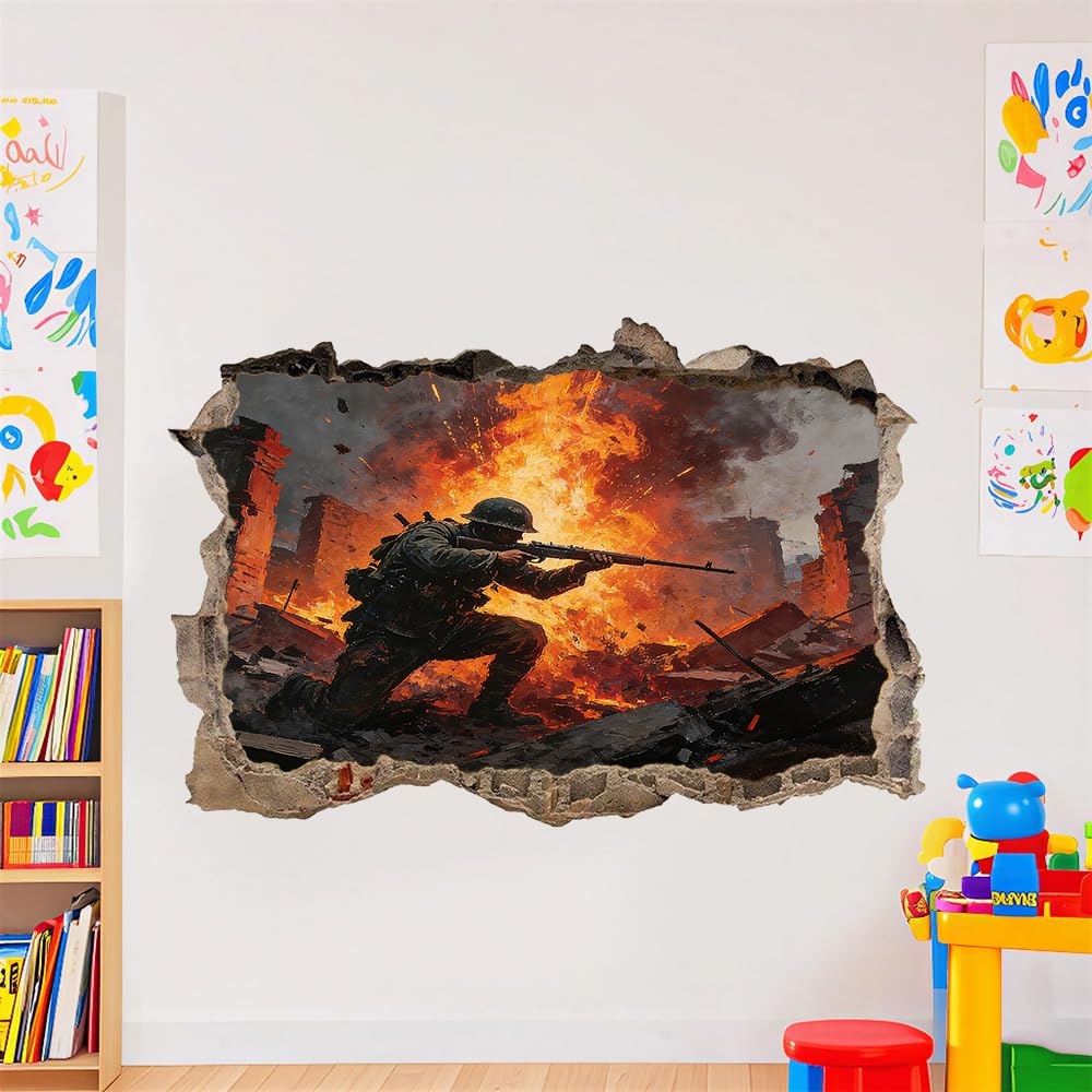 3D Wandtattoo Durchbruch Wanddeko Krieger Wanddurchbruch sticker Wandbild Wandsticker Rote Flamme Wohnzimmer Wanddeko Wandaufkleber für Kinderzimmer Teenager Zimmer