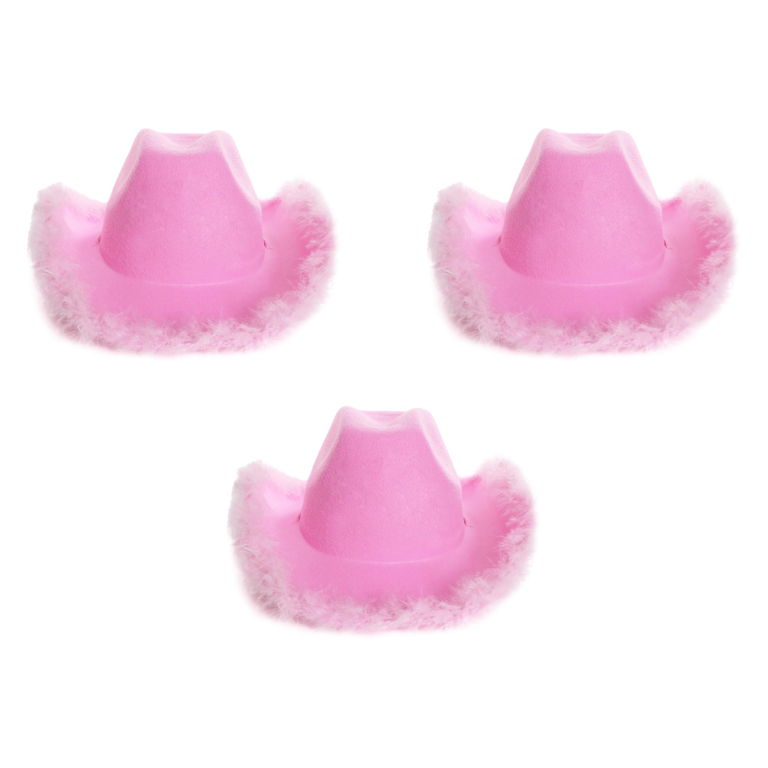 Adults Marabou Cowgirl Hat - Pack of 3 - Pink Lilac Felt Cowboy Hat with Marabou Trim - Adults Fluffy Trim Cowgirl Hat Western Party Hen Party Fancy Dress Accessory