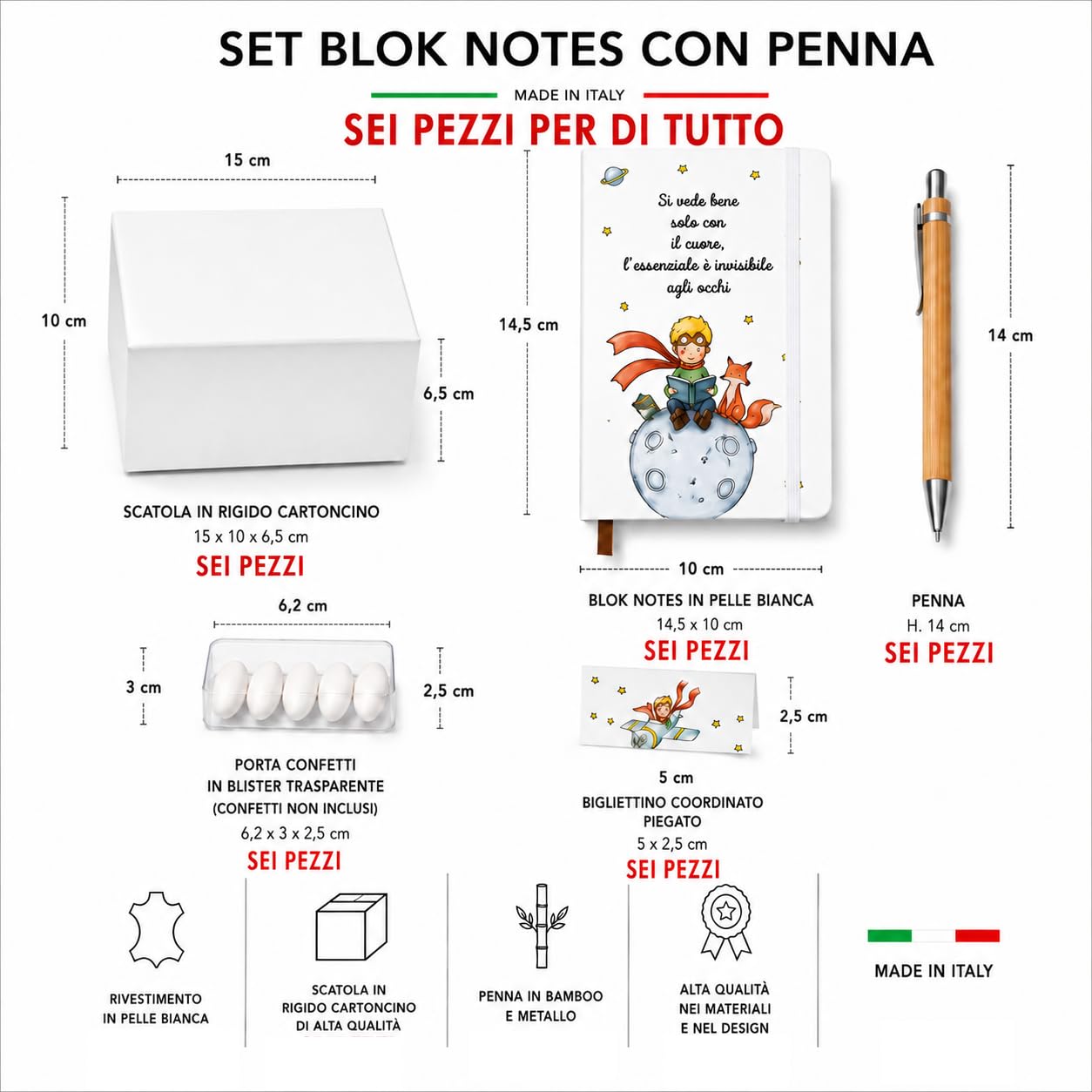 Set 6 Bomboniere Piccolo Principe – Notebook Illustrato con Penna in Bamboo, Scatola Regalo e Bigliettino a tema. Battesimo, Comunione, Compleanno, Regalo