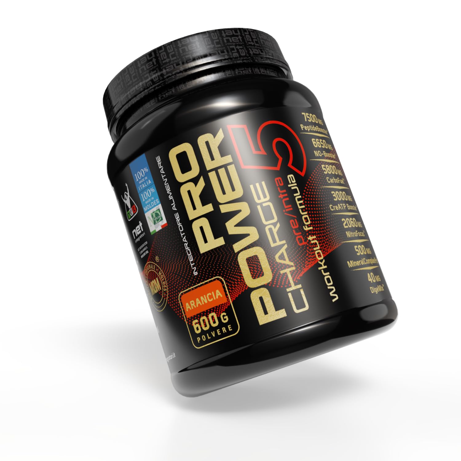 Net Integratori PRO POWER CHARGE 5 – Gusto Arancia 600g – Integratore Pre e Intra Workout con Aminoacidi Creatina e Carboidrati a rilascio differenziato e Vitamine B3 e B5 (Quali®-B)