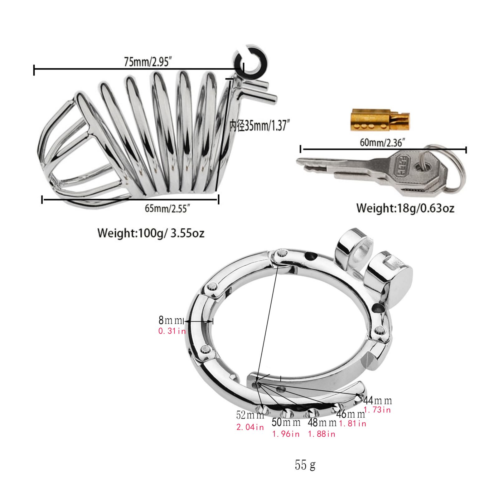 Cages de Chasteté en Métal avec Anneaux Réglables en 5 Tailles Sex Toys Chastity Cage Respirante avec Serrure Dissimulée Cage Chastetée en Acier Inoxydable pour Attacher le Pénis d'un Homme (C)