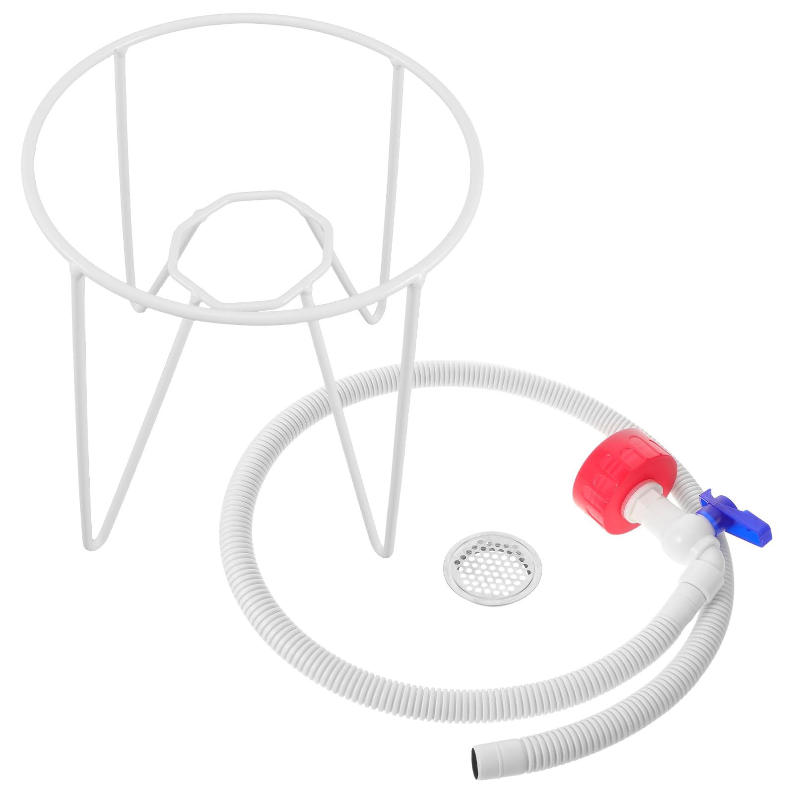 Support métallique robuste avec robinet bleu et tube pour seau inversé