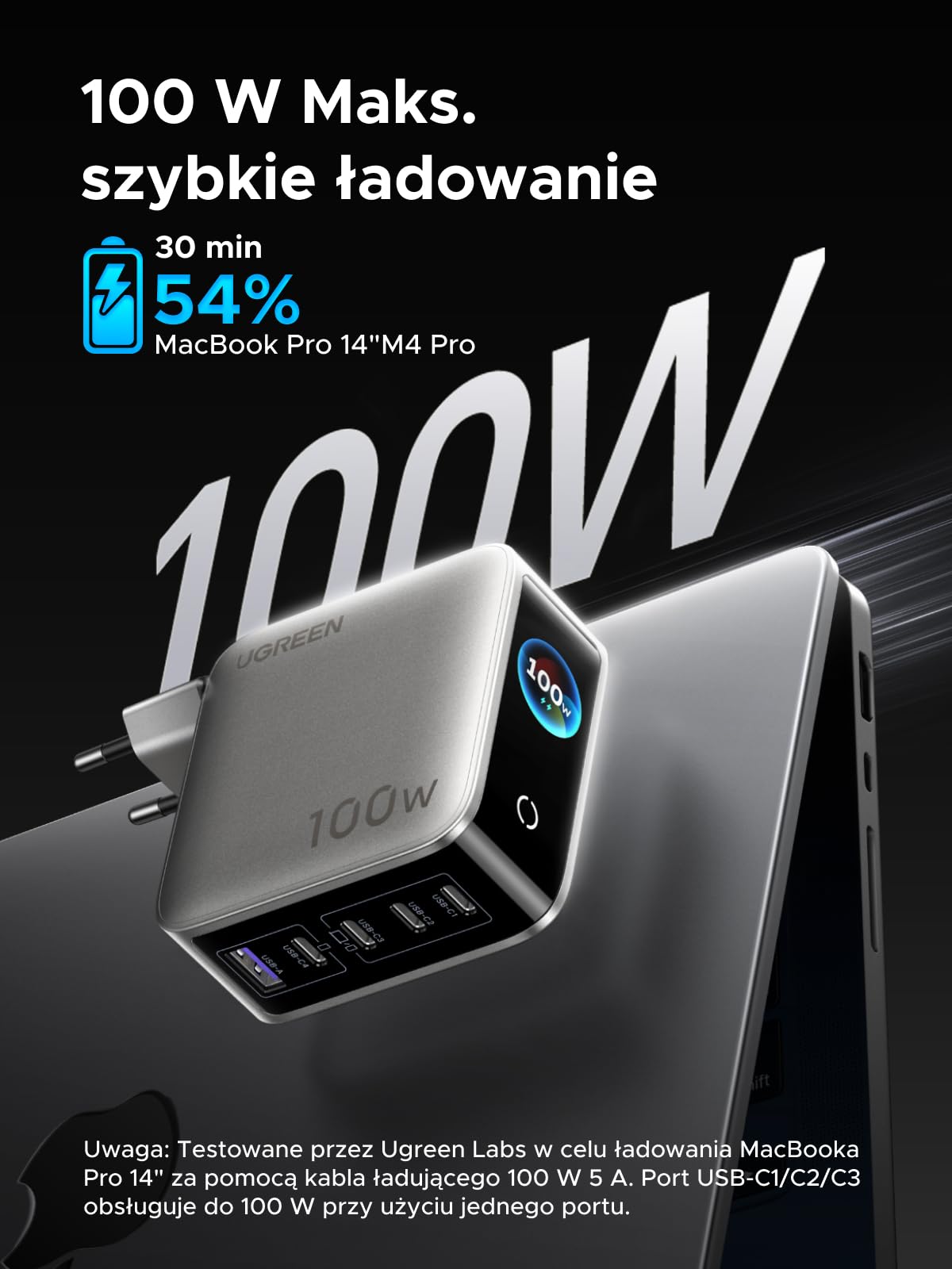 UGREEN Nexode Pro Ładowarka USB-C 100W, inteligentny wyświetlacz, 5 portami | Stan ładowania w czasie rzeczywistym, sterowanie dotykowe, kompatybilna z MacBook Pro/Air/Neo, iPad, iPhone 17, Galaxy S26