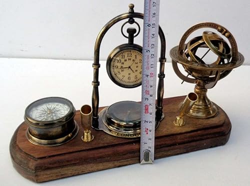 Miniatura 6 de Antique Brass Table Top Clock With Pen Holder Compass Armillary Sphere Globe Clock Desk Top Wooden Base Father’s Day Gift, Mother’s Day Gift