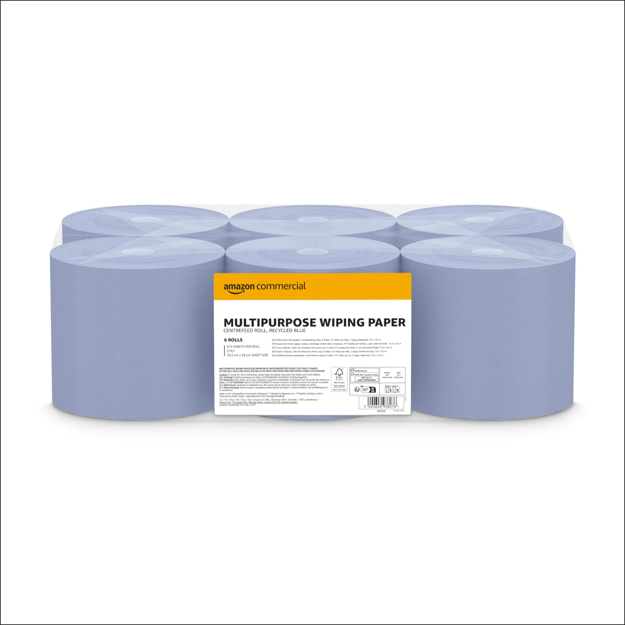 AmazonCommercial Standard Multipurpose Paper Towel, 2-ply Centrefeed, Blue Roll Recycled, 6 Rolls (1 Pack), 415 Sheets per Roll, Sheet Size: 16.5 x 29 cm