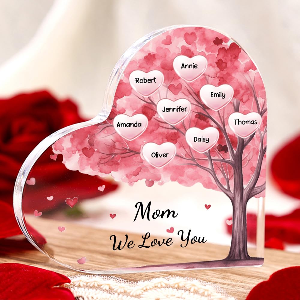 Mothers Day Gifts for Mom Custom Family Tree Acrylic Plaque Personalized 2-10 Family Names Tag Home Family Decorative Signs Birthday Gift for Mom Grandma 3.9" and 5.9" (8 Names, Pink(3.9"/5.9"))