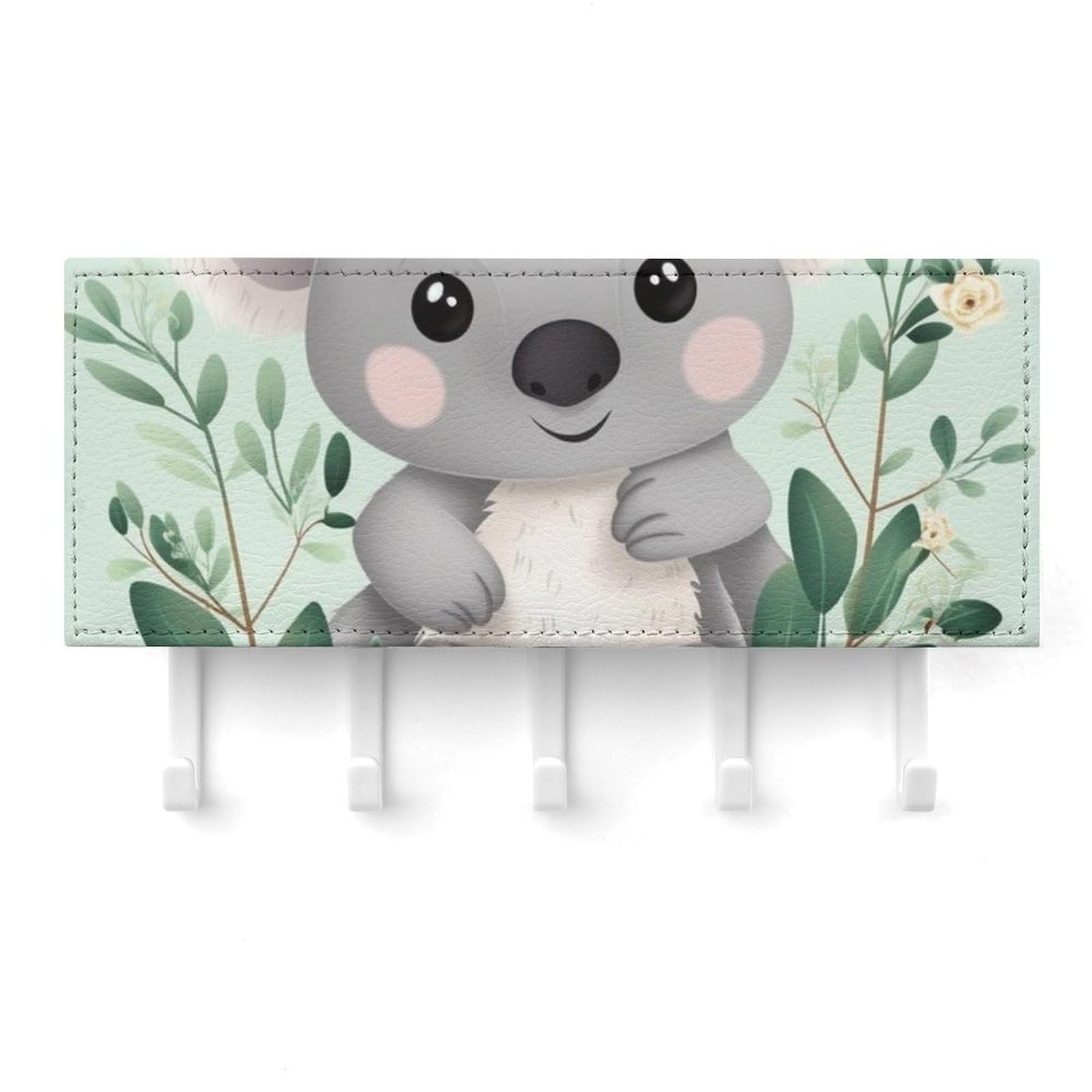 Fekiloot White Koala Key Holder For Wall Adhesive, No Drilling, Key Hooks With 5 Hooks Wall Mounted, Self Adhesive Keys Rack For Entryway, Hallway, Living Room, Kitchen, Office