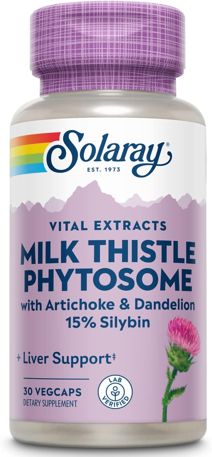 SOLARAY Milk Thistle Phytosome with Artichoke, Dandelion, and Ginger - Milk Thistle Extract Supplying 15% Silybin - Liver Supplement - 60-Day Guarantee, Lab Verified - 60 Servings, 60 VegCaps