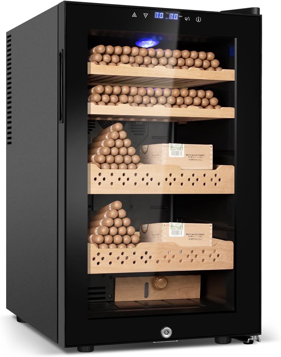 Electric Cooler Cabinet 70L with Temperature and Humidity Control, Spanish Cedar Wood Shelves and Safety Lock (500 Counts Capacity), Gift for Men