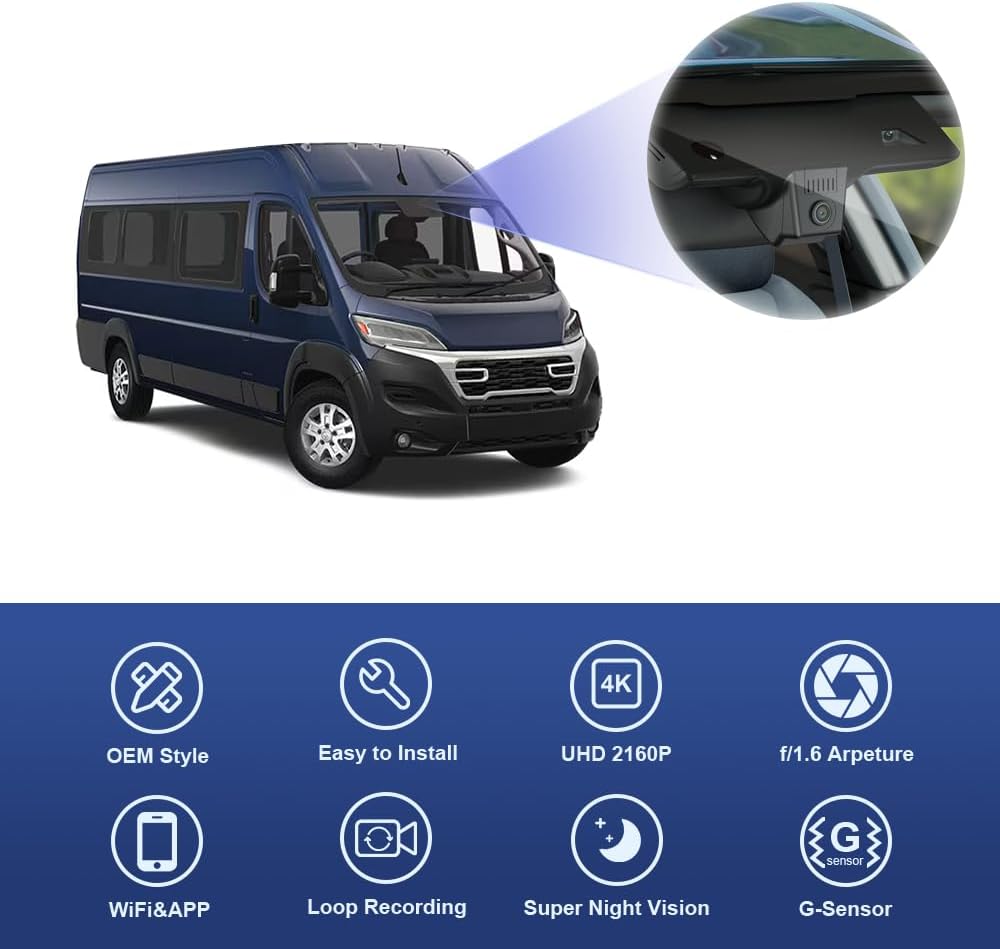 Fitcamx 4K Dash Cam Suitable for Ram ProMaster & ProMaster EV 2024-2025 Tradesman SLT 1500 2500 3500 (HD2-D2200), OEM Look, UHD 2160P Video, WiFi & APP, Loop Recording G-Sensor, Plug & Play, 64GB Card