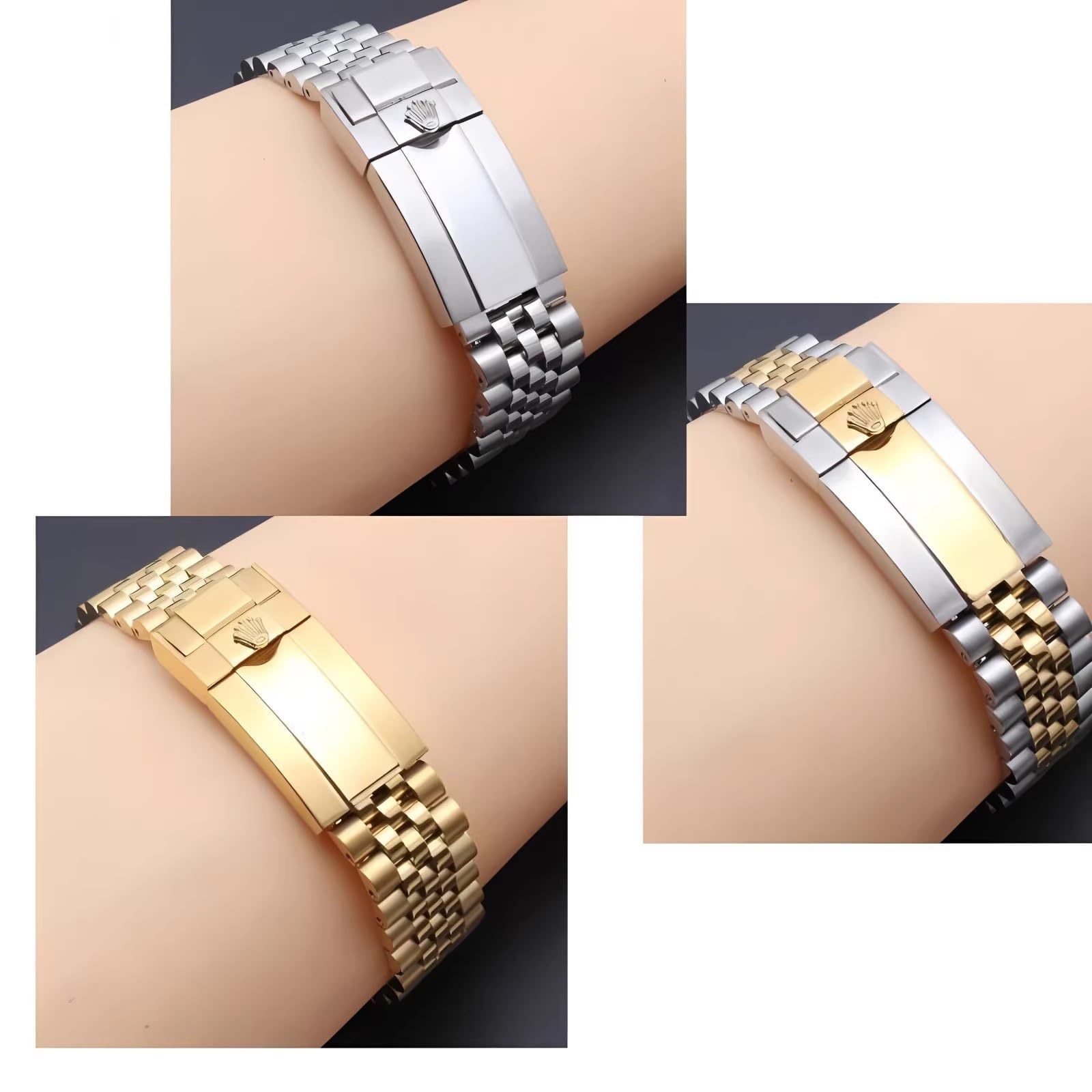 Cinturino Orologio 20mm Ricambio Design Jubilee Terminali Curvi Fibbia Micro Regolazione Senza Attrezzi - Argento Oro 20MM