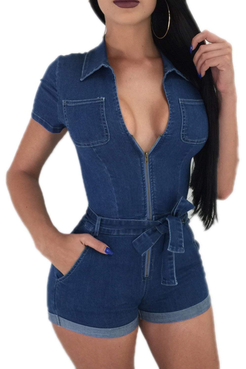 Targogo Ladies Jumpsuit Summer Short Jeans Jumpsuit Festival Young Fashion Short Sleeve V-Neck Jumpsuits Fashion Slim Fit Comfortable Pantsuit Playsuit