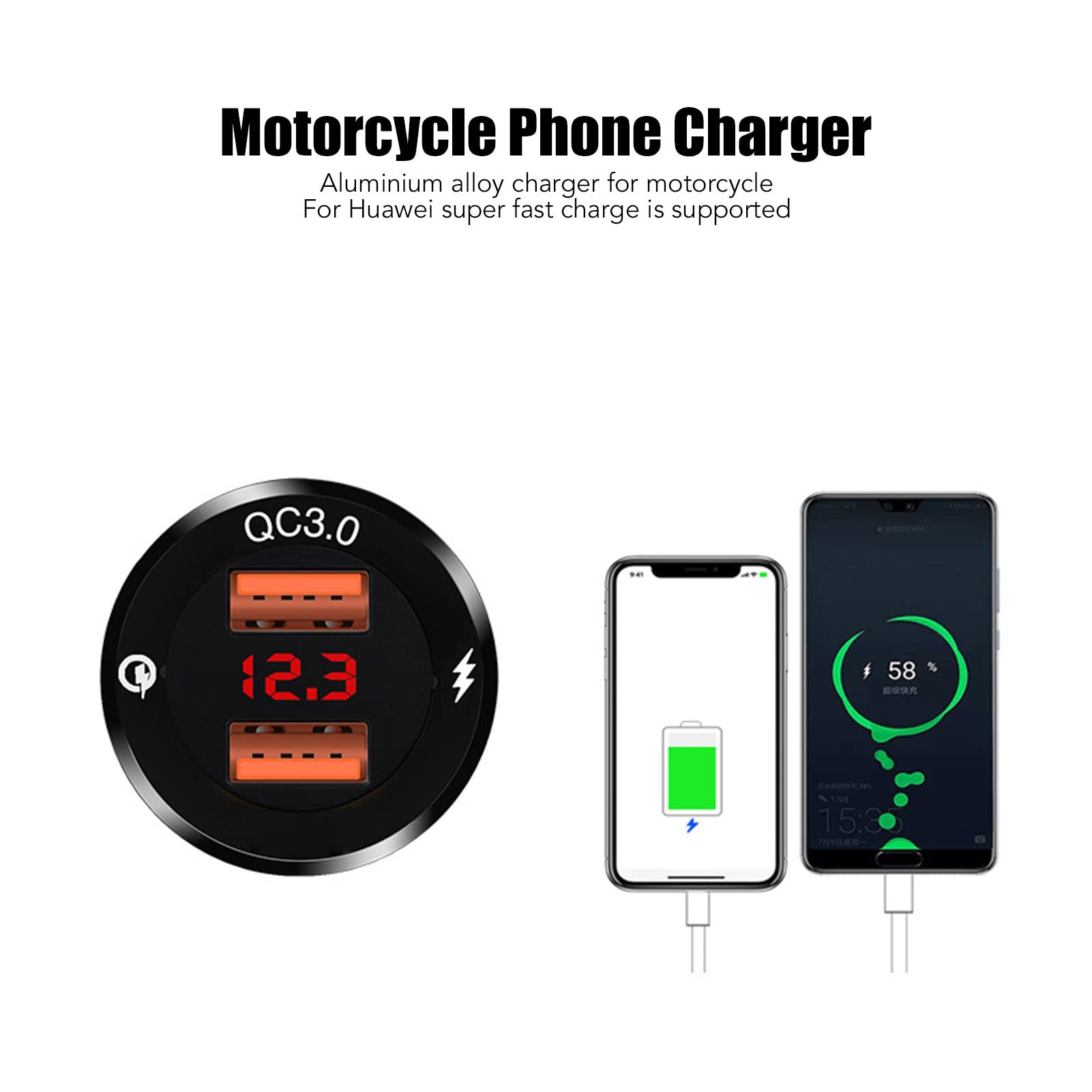 Motocyklowa ładowarka do telefonu Ładowarka ze stopu aluminium Rower elektryczny Cyfrowy wyświetlacz QC3.0 Podwójna ładowarka USB do telefonu Szybka ładowarka Czarna obudowa