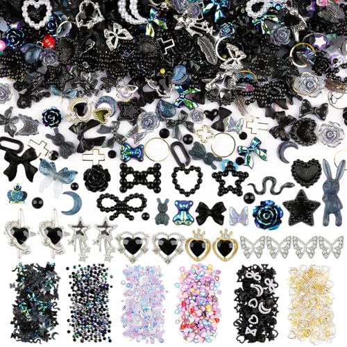 650pcs Mixed 3D Nail Charms Kit, 12pcs Luxury Metal Nail Rhinestones and 250pcs Resin Butterfly Flower Star Heart Bow Charms with 400pcs Flatback Pearls Rhinestone Metal Gems Charms (Black)