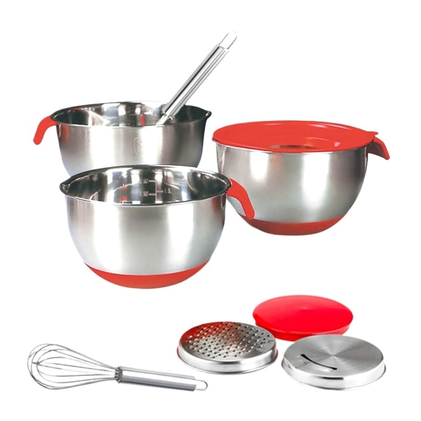 Salatmixer-Schüsseln-Set aus Edelstahl | Mit Deckel/Griff/Reibe/Eierschläger, rutschfeste Küchen-Backschüssel(18cm)
