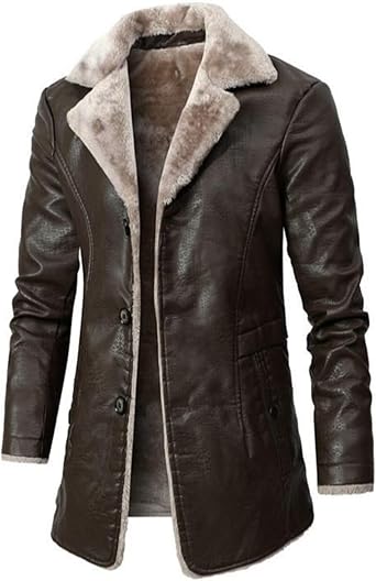 Thatrich Long Leather Trench Coat Men with Faux Fur Sherpa Lined Jacket Button Down Motorcycle Bomber Coats Heavyweight Warm