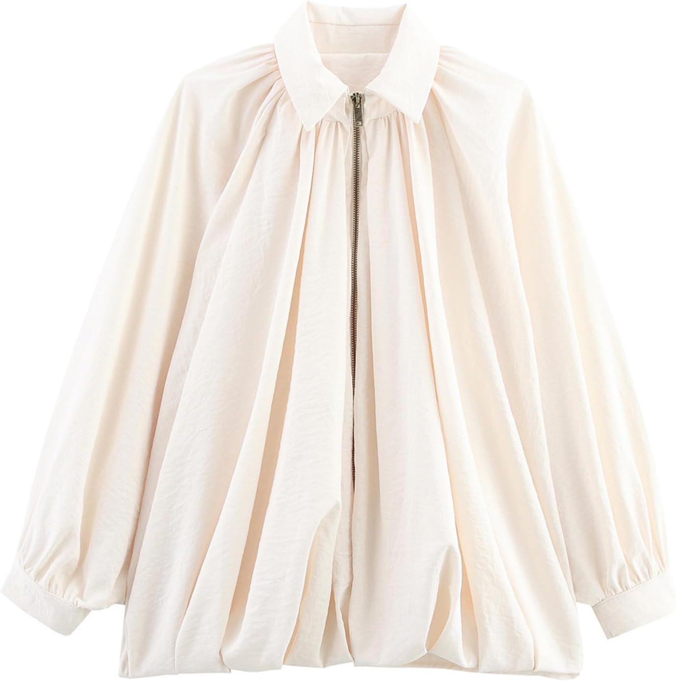 Womens Puffed Bomber Jacket Casual Batwing Sleeve Lapel Collar Zip Shirts Oversized Pleated Streetwear Jackets