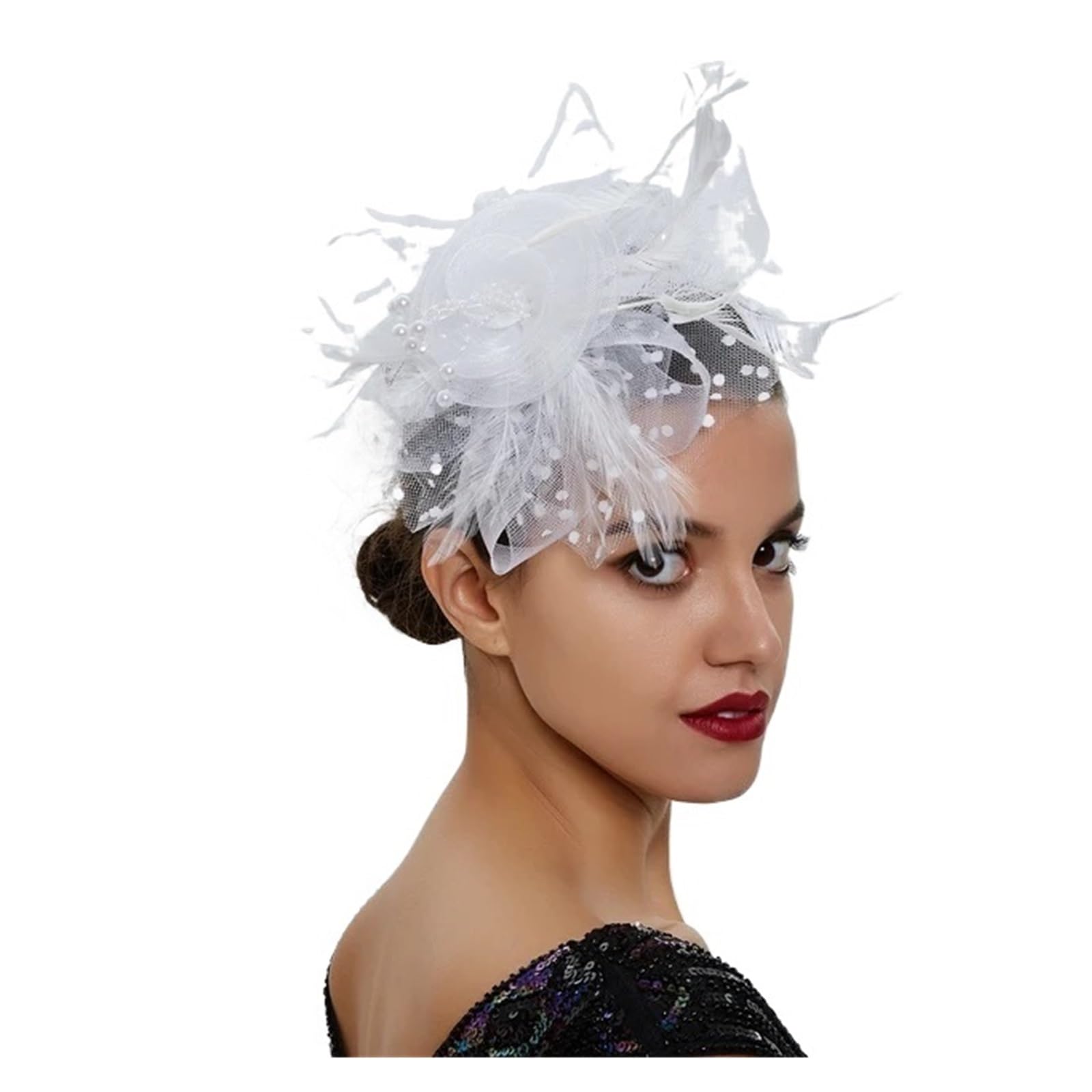 UALXPAO Wedding Hats Women Feather Flower Fascinator Hat Ladies Hair Accessories Wedding Party Floral Mesh Veil Headband Hairpin for Tea Party,Weddings(WHITE)