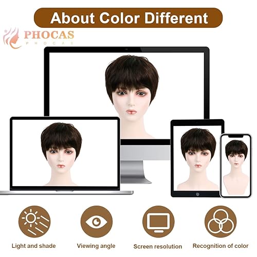Miniatura 7 de PHOCAS Short Brown Human Hair Pixie Cut Wigs with Bangs Layered Wigs Short Brown Natural Fashion Straight Hair Wigs for Women
