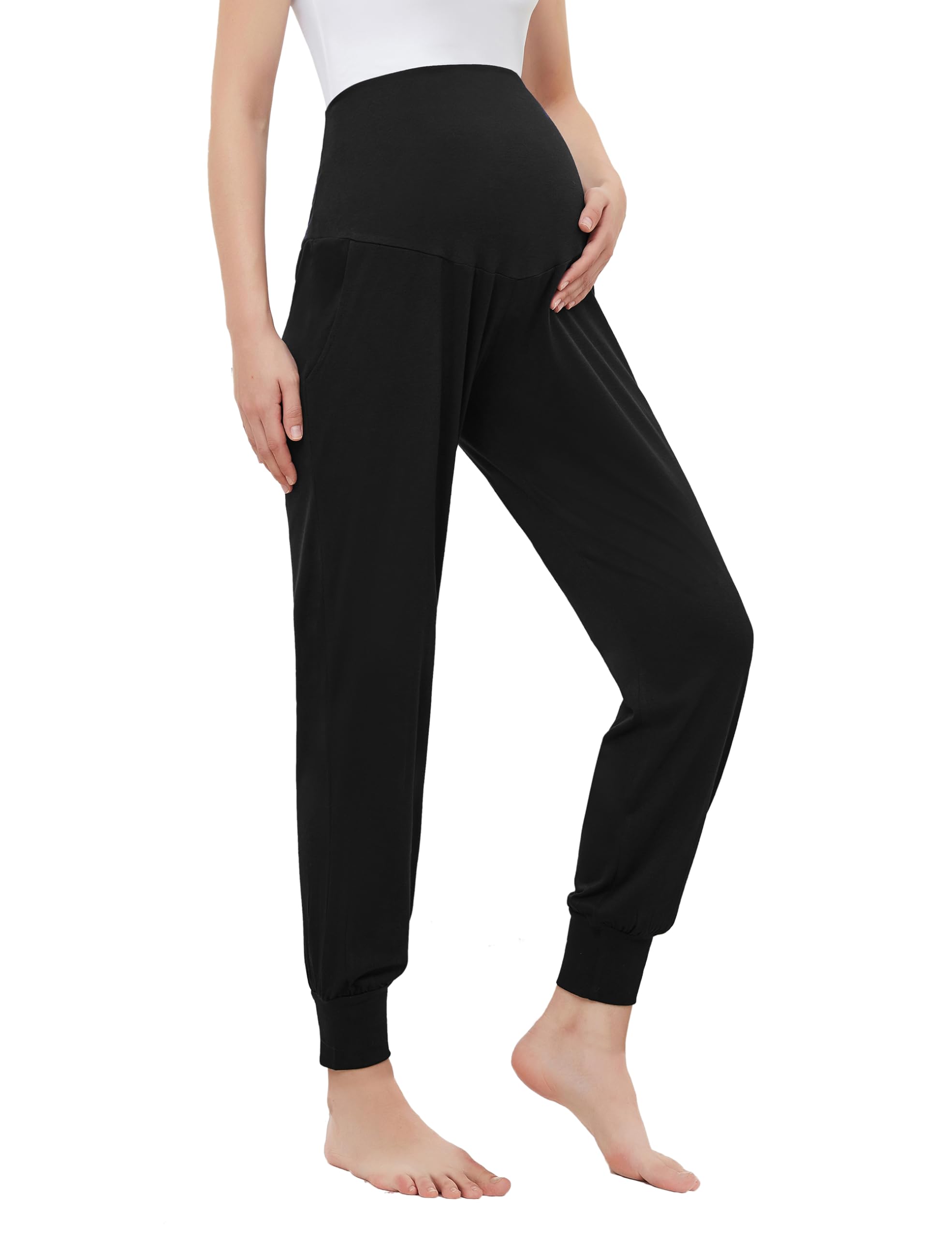 Damen-Umstands-Jogginghose, Schwangerschaftskleidung über dem Bauch, Schwangerschaftshose mit Taschen