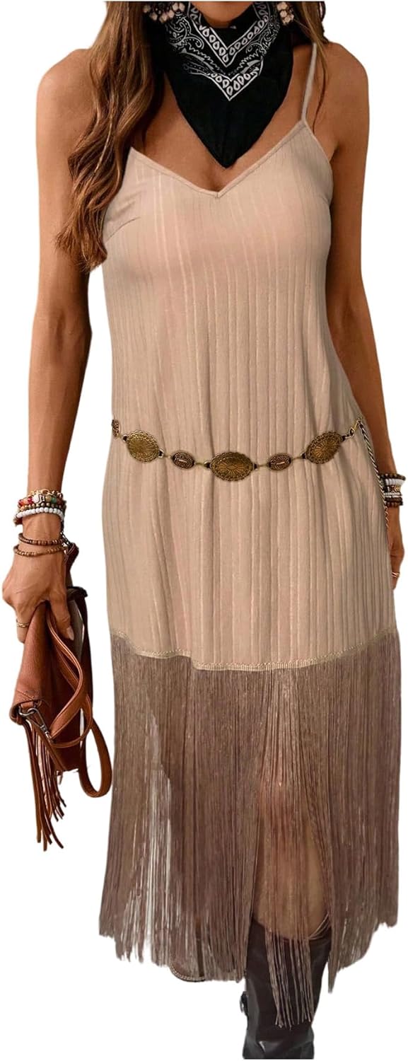 Verdusa Women's Western Fringe Dress Vintage Deep V Neck Maxi Cowgirl Dresses