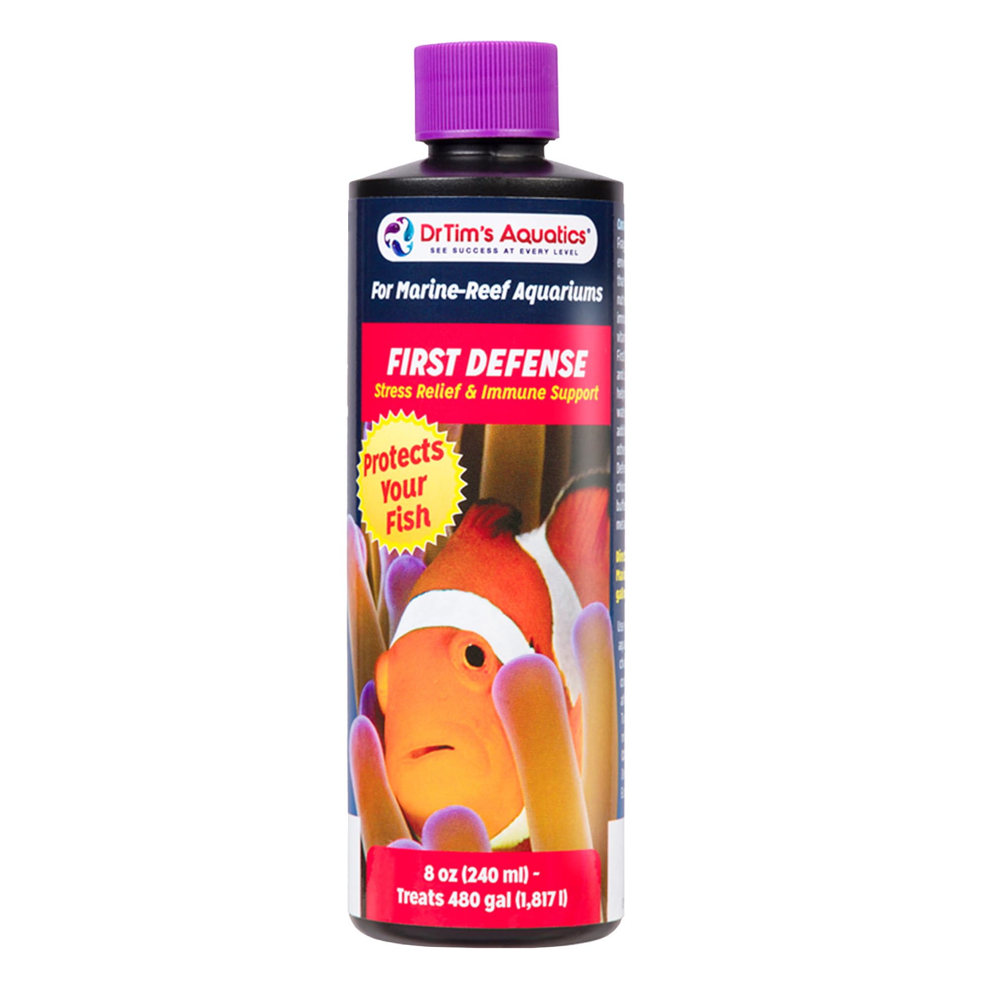DrTim's Aquatics Reef First Defense Fish Stress Relief and Immune Support – For Reef, Nano, Sea Horse Fish Tanks, Aquariums – Revitalizes Natural Coat – Detoxifies Heavy Metals, Repairs Wounds – 8 Oz.