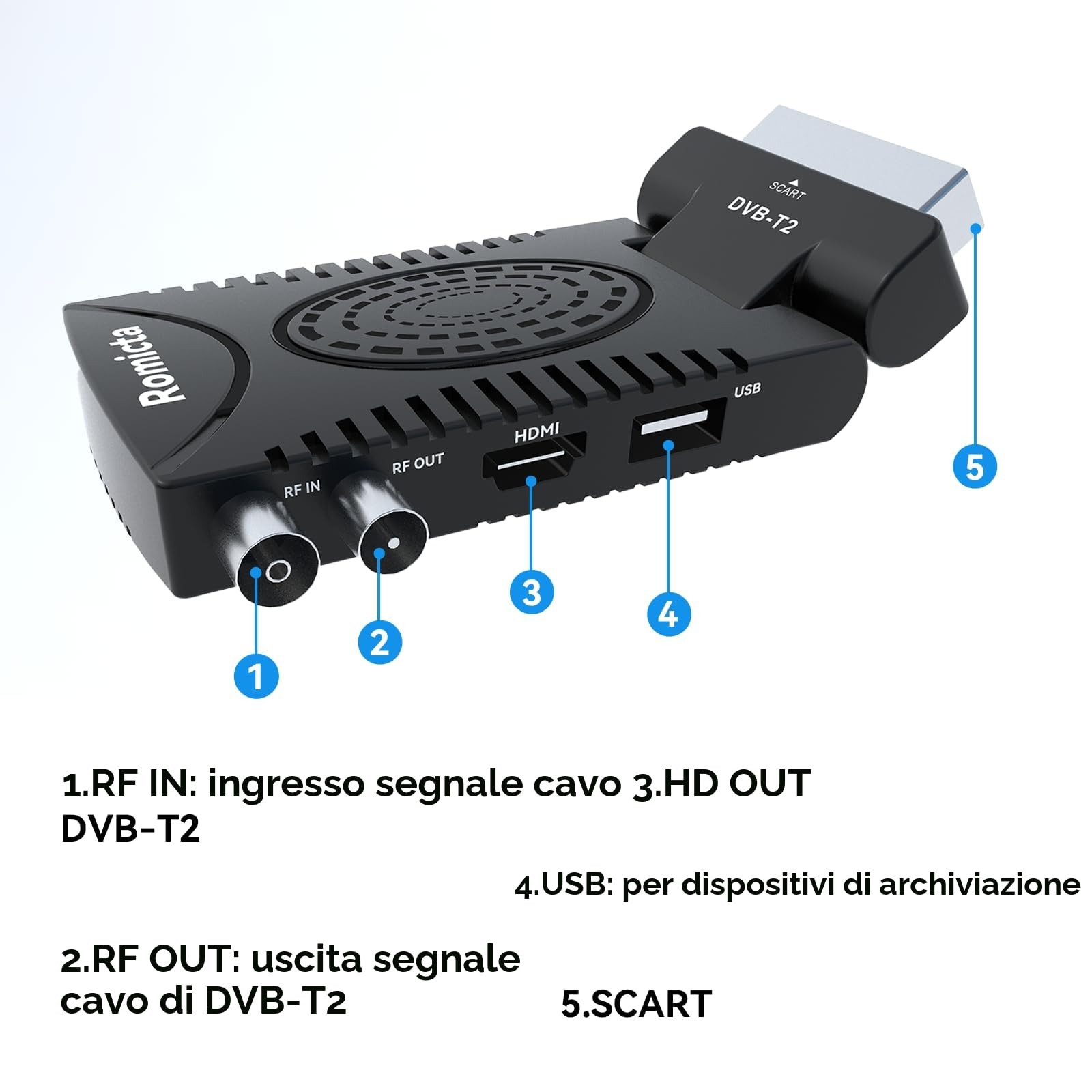 Romicta Decoder Digitale Terrestre 2025 DVB-T2, 1080P H.265 HEVC 10Bit, Decoder DVB-T2 con USB PVR e Youtube, HDMI/SCART, Lettore Multimediale, Telecomando Universale 2 in 1