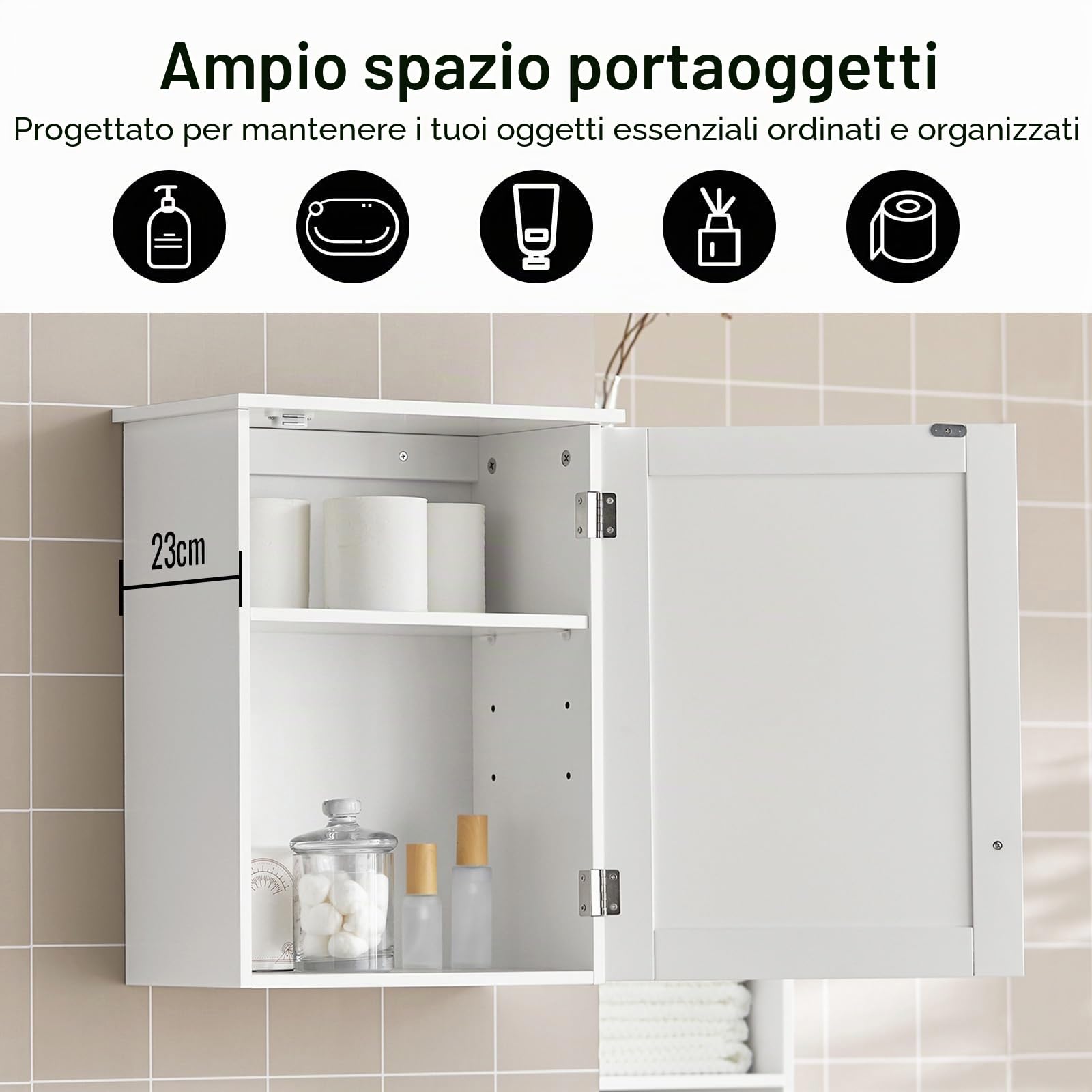 SoBuy Pensile da Bagno – Mobile da Bagno Sospeso con Anta e Ripiani Regolabili, Armadietto a Muro in Legno, per Cucina e Corridoio, Bianco, 40 x 52 x 23 cm, BZR19-W
