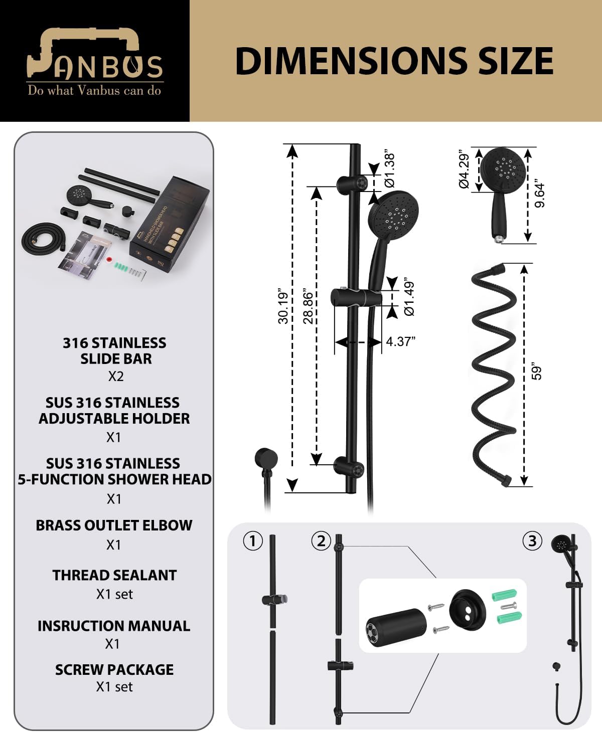 Eco-Performance Matte Black Handheld Shower with Adjustable 32-Inch Slide Bar and 59-Inch Hose, 5-Function Hand Shower offers Personalized Spray Options